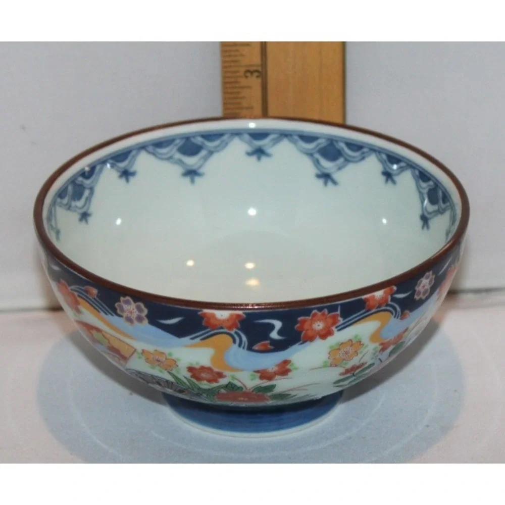 4 Arita Japanese porcelain rice soup bowls footed signed 4 different designs set